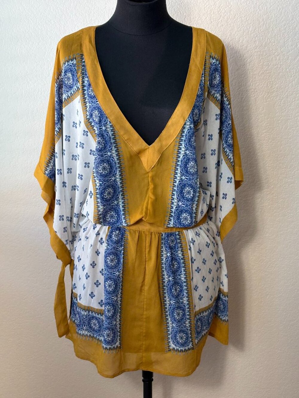 Free People Santa Cruz Kimono Dress S Mustard Blue Boho Batwing Mini Flaws